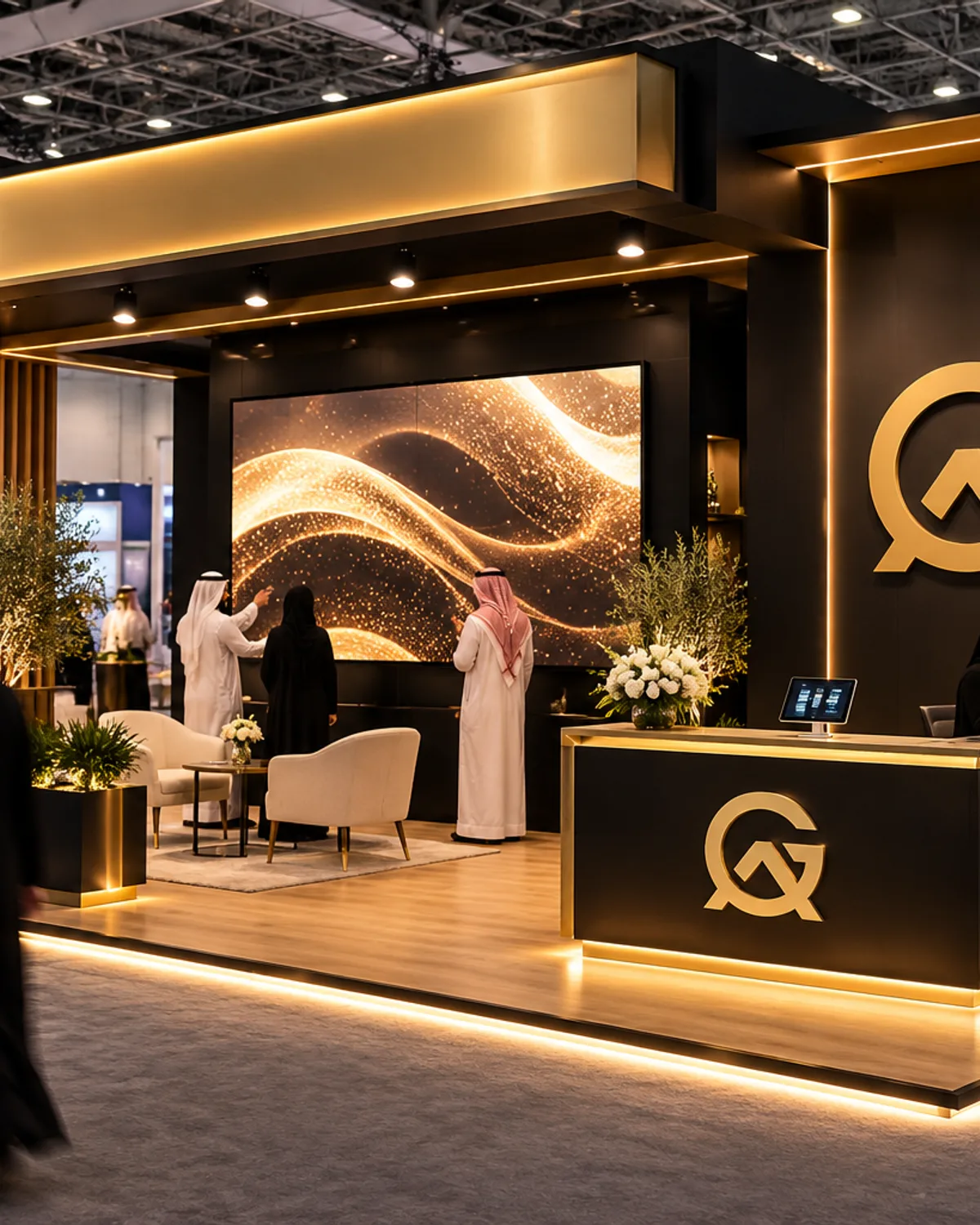 Visitors engaging with an exhibition booth